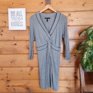 BCBG Max Azria Heather‎ Grey Twist Waist L/S Vneck Dress Stretch Ruched Sz Small